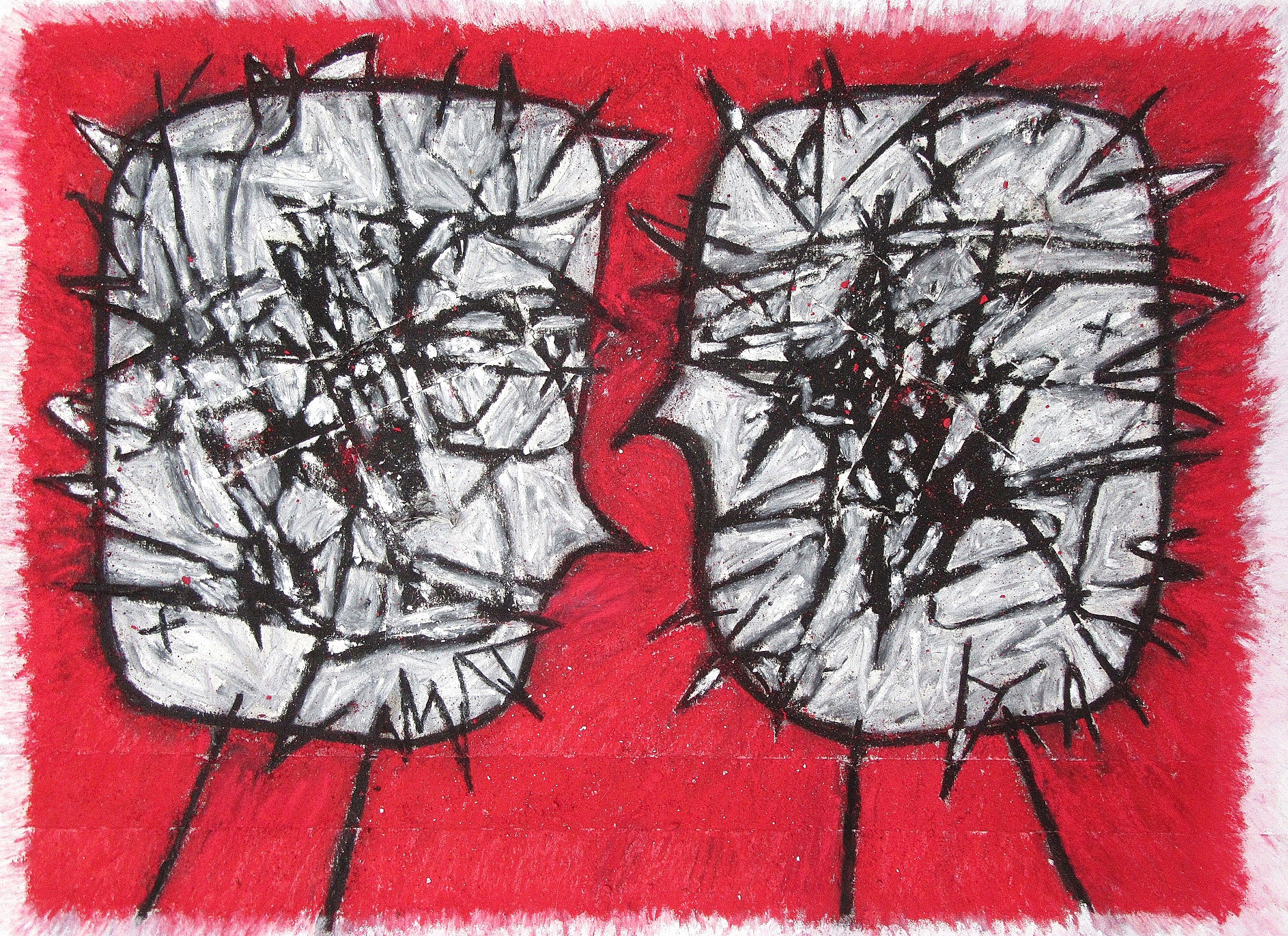 Fighting Talk (2018, charcoal, pastel chalk, masking tape on paper, 30 cm x 42 cm)