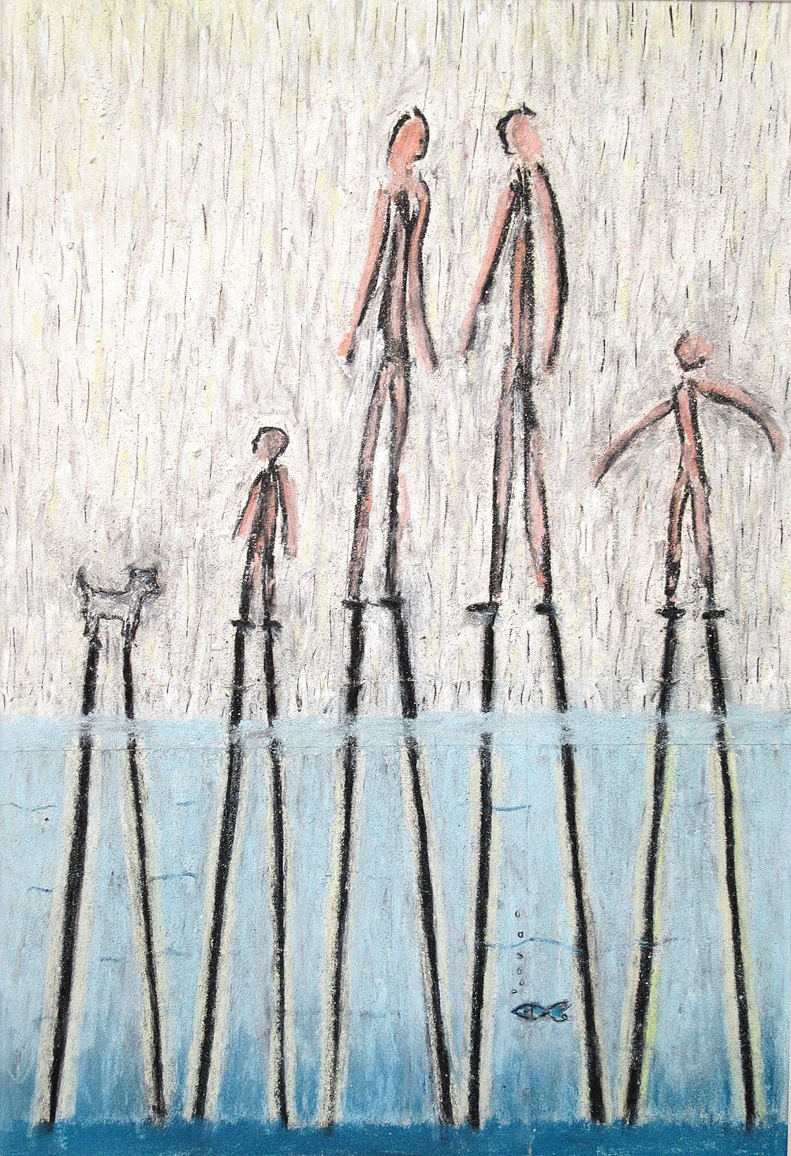 Walking on Stilts (2018, charcoal, pastel chalk, masking tape on paper, 30 cm x 42 cm)